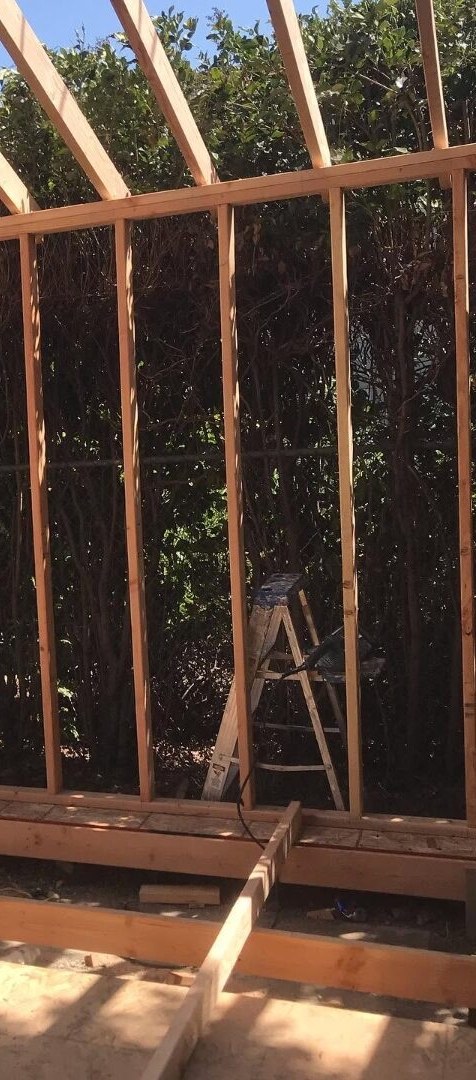 Freshly framed roofline and wall studs of a room addition, with a hillside hedge in the background.